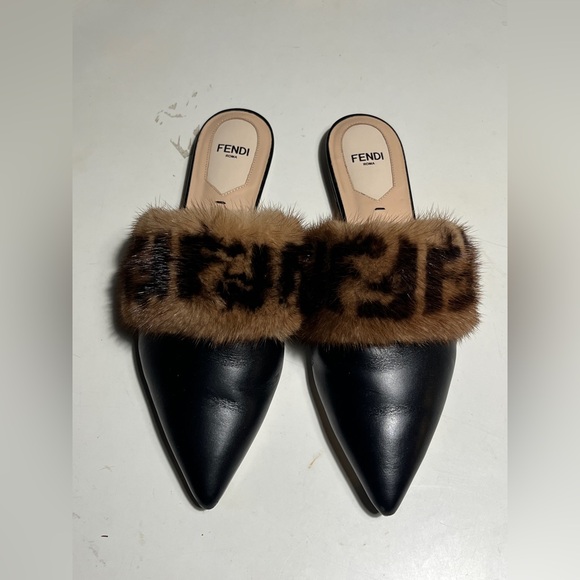 Fendi Shoes - Fendi Black Leather Pointed Mules with Brown Logo Fur Band